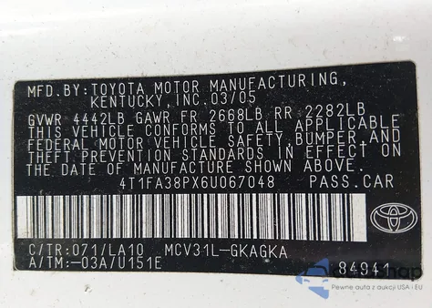 2006 Toyota Camry Solara Sle z USA, uszkodzony, nr VIN 4T1FA38PX6U067048